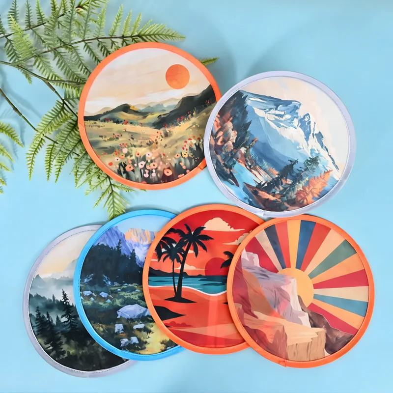 Round Foldable Fan Hand Fans Summer Handheld Folding Fan Portable Cooling Fans With Storage Bag For Outdoor Beach