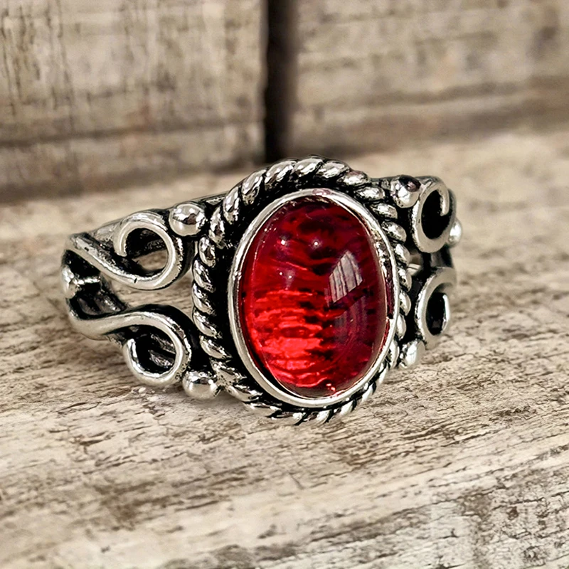 Huitan Vintage Anti Silver Color Ring for Women Hollow Carved Fancy Oval Red Stone Simple Party Daily Metal Accessories Jewelry