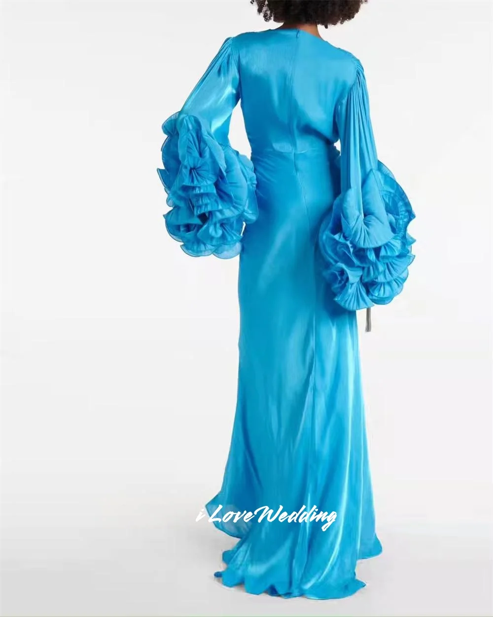Abito da ballo blu con scollo a V 2025 Manica lunga A-Line Ruffles Abito da sera a sirena lungo fino al pavimento Abito da cerimonia nuziale pieghettato Personalizzato