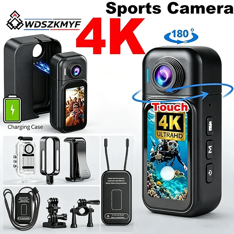 4K/1080P HD POV Body Cam Portable WiFi Waterproof Mini Sports Video Recorder with Charging Case for Motorcycle Cycling Hiking
