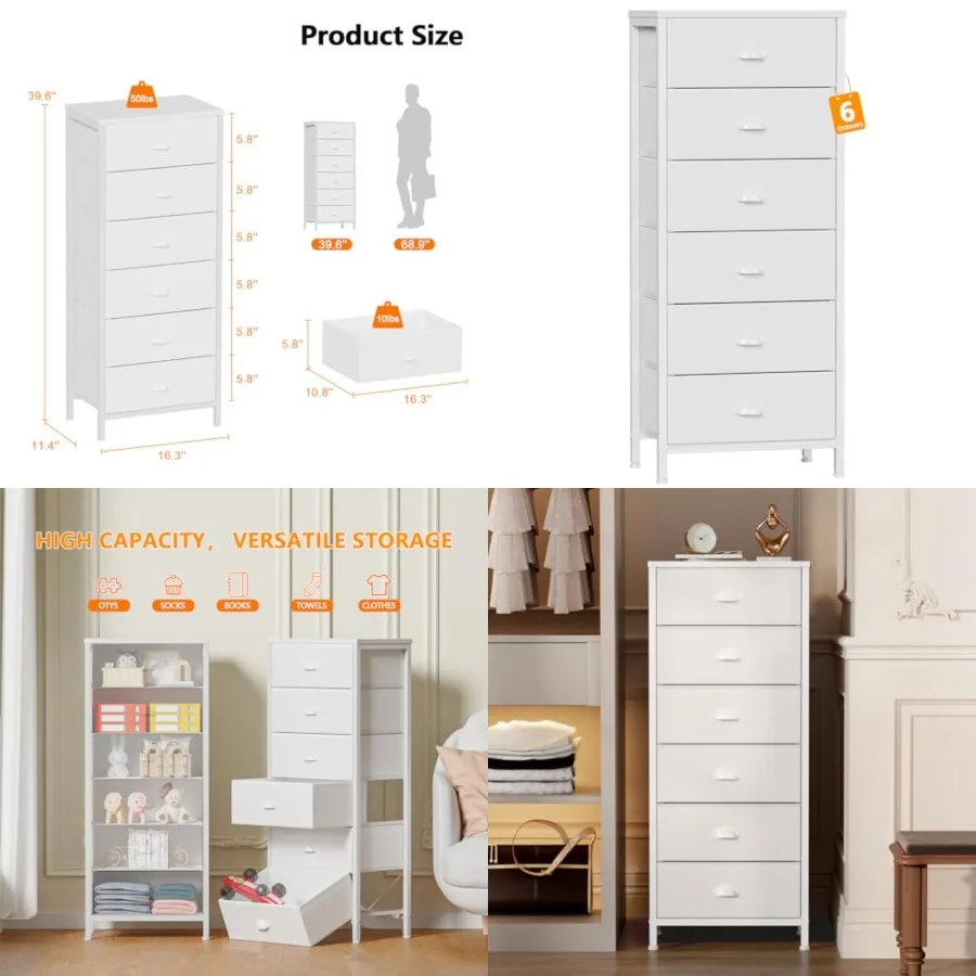 

White Tall Dresser for Bedroom,Vertical Storage Tower Unit and End Table with 6 Fabric Drawers, Nightstand Furniture with Drawer Organizer in Living Room,Closet,Entryway,Hallyway