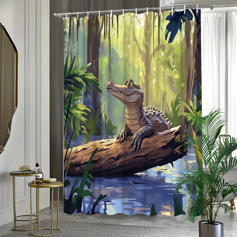 

1pc Playful Alligator Swamp Shower Curtain - Vibrant Water Lily Pond Design with Monstera Leaves, Durable Polyester, Includes 12