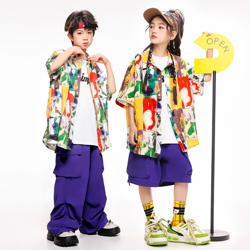 Boys Hip Hop Outfit Contrast Shirt Street Dance Shorts Girls Purple Cargo Pants Child Streetwear Kids Jazz Costumes Clothes Sets