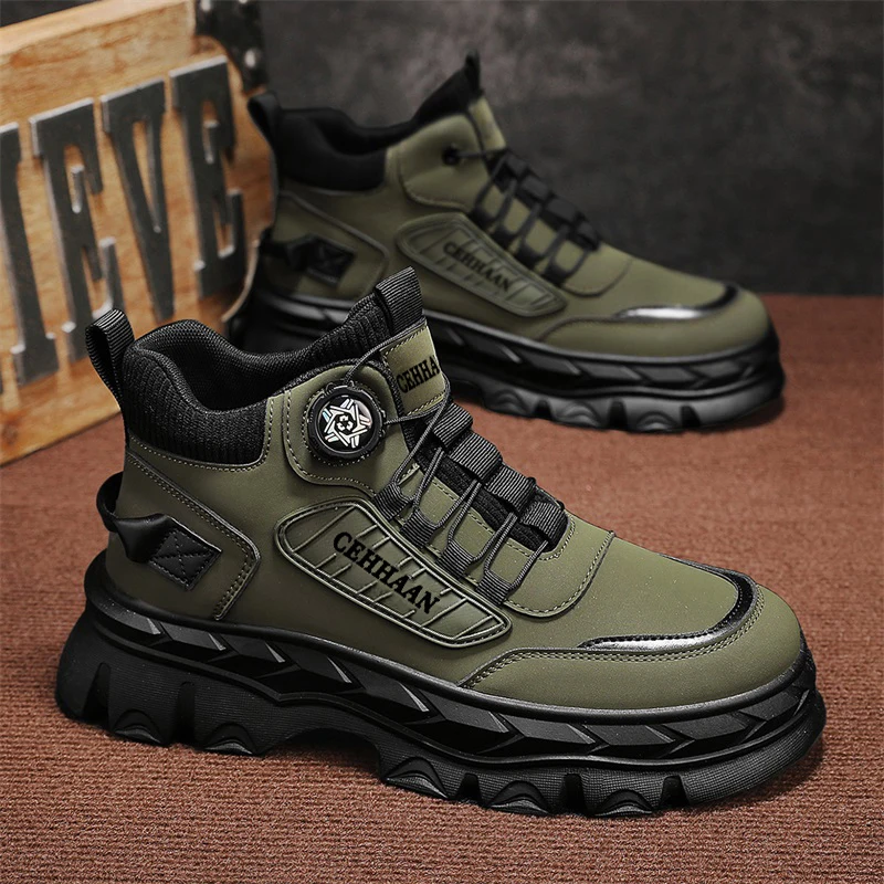 Men Rotary Knob High‑top Ankle Boots Matte Synthetic Upper Heavy Duty Lugged Outsole Outdoor Working & Walking Footwear