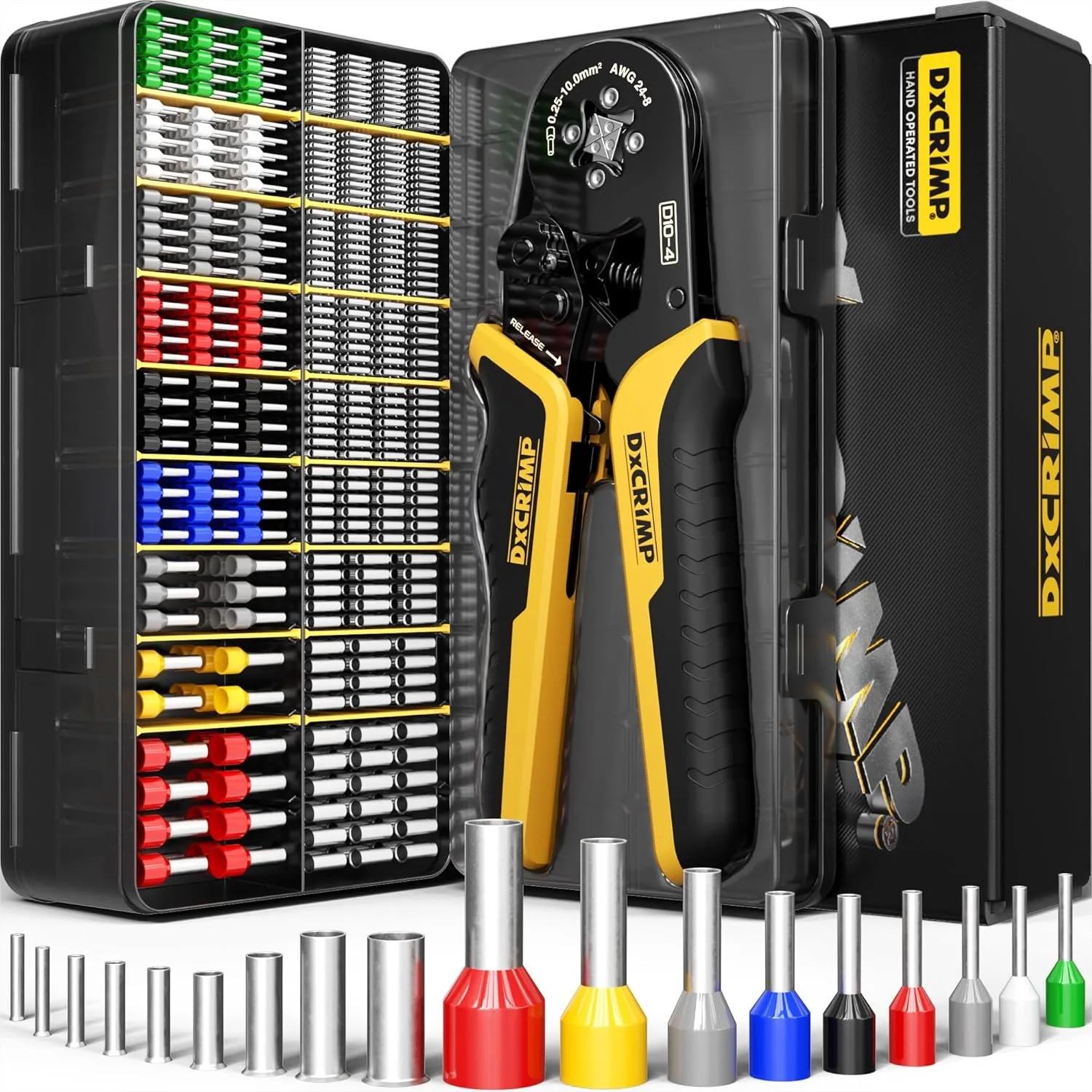 Ferrule Crimping Tool Kit, Ratchet Pliers for 24-8 AWG with 18 Types Insulated & Non-Insulated Ferrules, Self-Adjusting Pliers