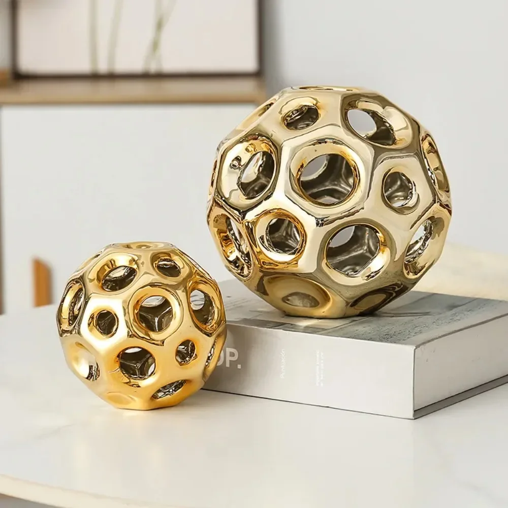 Ceramic Crafts Hollow Balls Golden Geometric Faceted Balls Abstract Sculpture Sphere Decorative Figurines Home Decoration
