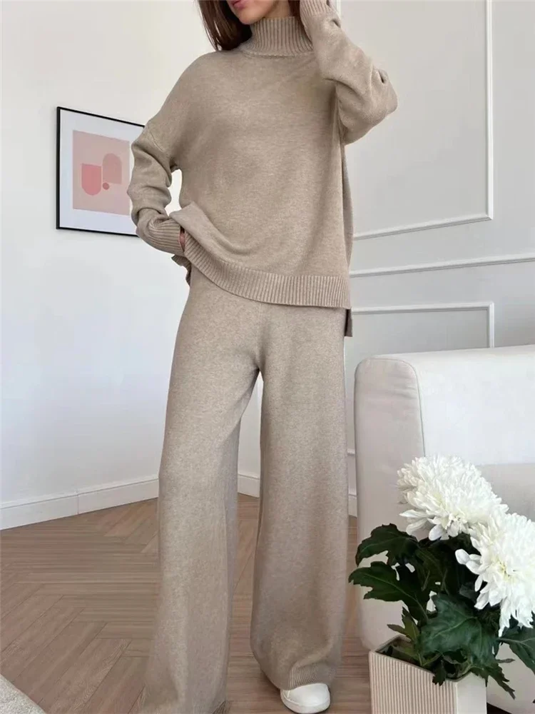 2024 wool  Autumn Winter 2 Pieces Women Sets Knitted Tracksuit Turtleneck Sweater and Straight Jogging Pants Suits