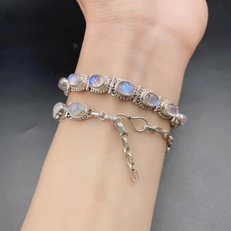 Nepal Handmade Silver-Plated Jewelry Opal Blue Moonstone Bracelet Unique Vintage Ethnic Style Fashion Bracelet