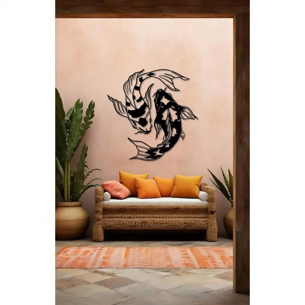 CIFbuy Metal Wall Art Koi Fish Minimalist Line Art Feng Shui Hanging Sculpture Rotating Hook Modern Living Room Bedroom Decor