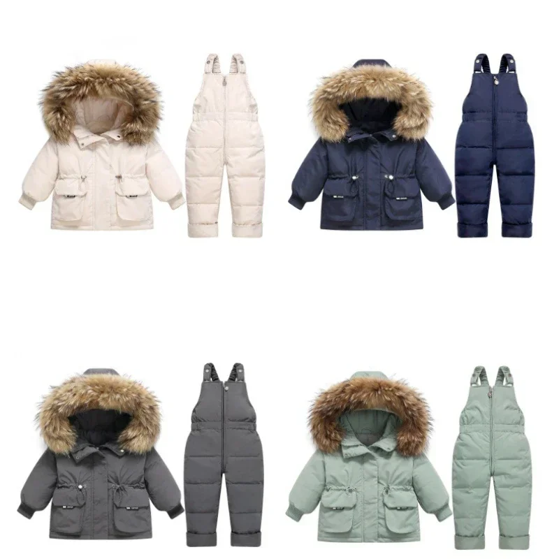 -30℃ Winter Children Clothing Set 2 Pcs Baby Warm Down Jacket Boy Thick Hooded Coat Jumpsuit Overalls Girl Clothes Kids Snowsuit