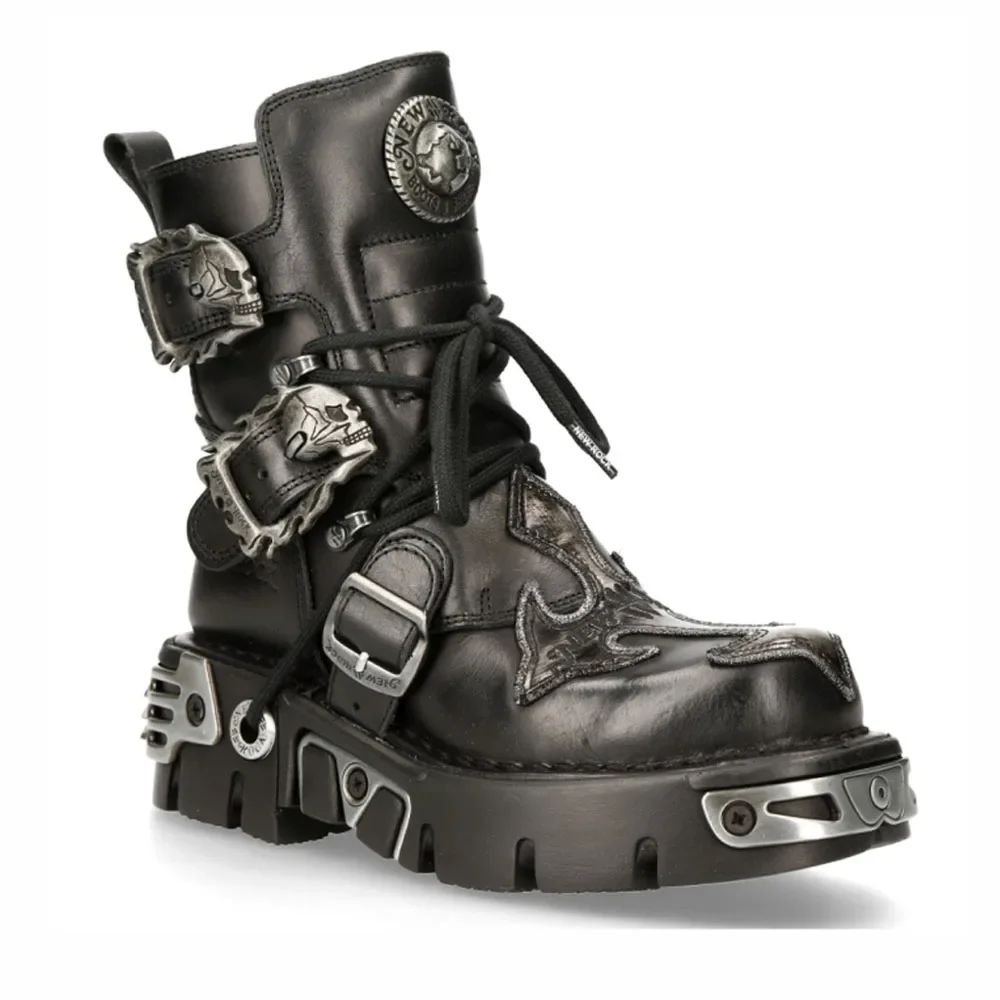 Fashion Men's Cow Genuine Leather Motorcycle Boots,Design New Unisex Mid-calf Skull Devil Goth Punk Metallic Combat Boots Plus48