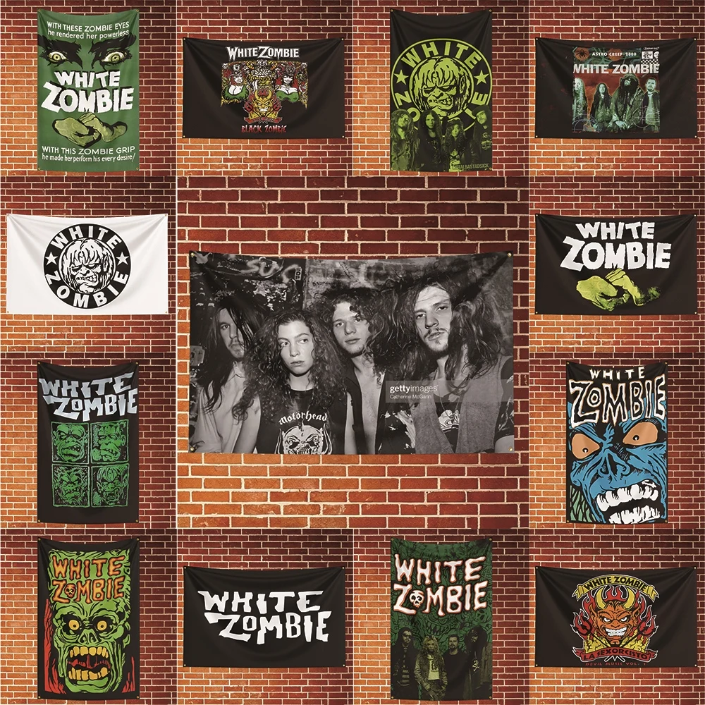 WHITE Zombie Music Flag Banner For Fan Cave Watch Party Tailgate Gathering Indoor Outdoor Backyard Home Festival Ornament Supply