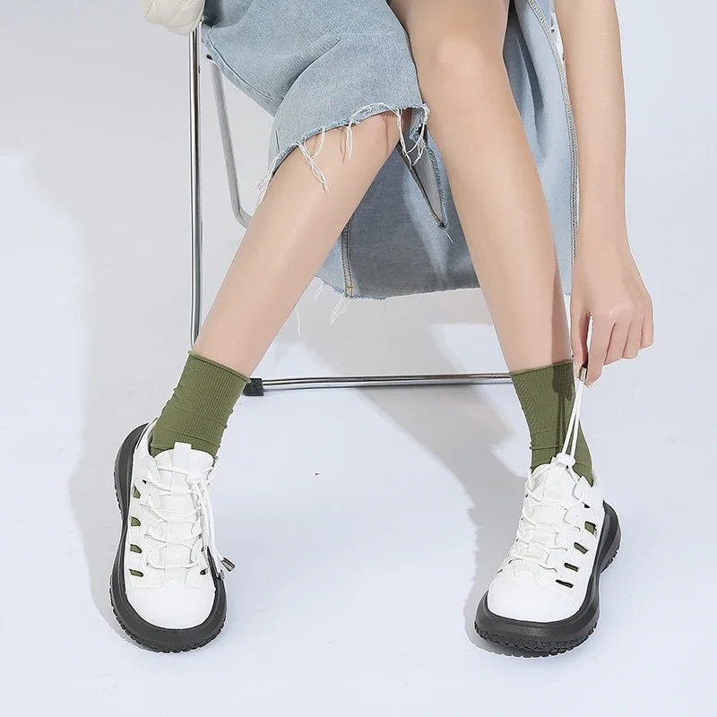 Zapatos de mujer 2025, sandalias con cordones para exteriores para mujer, sandalias informales versátiles con punta redonda, zapatillas de deporte con plataforma hueca para mujer