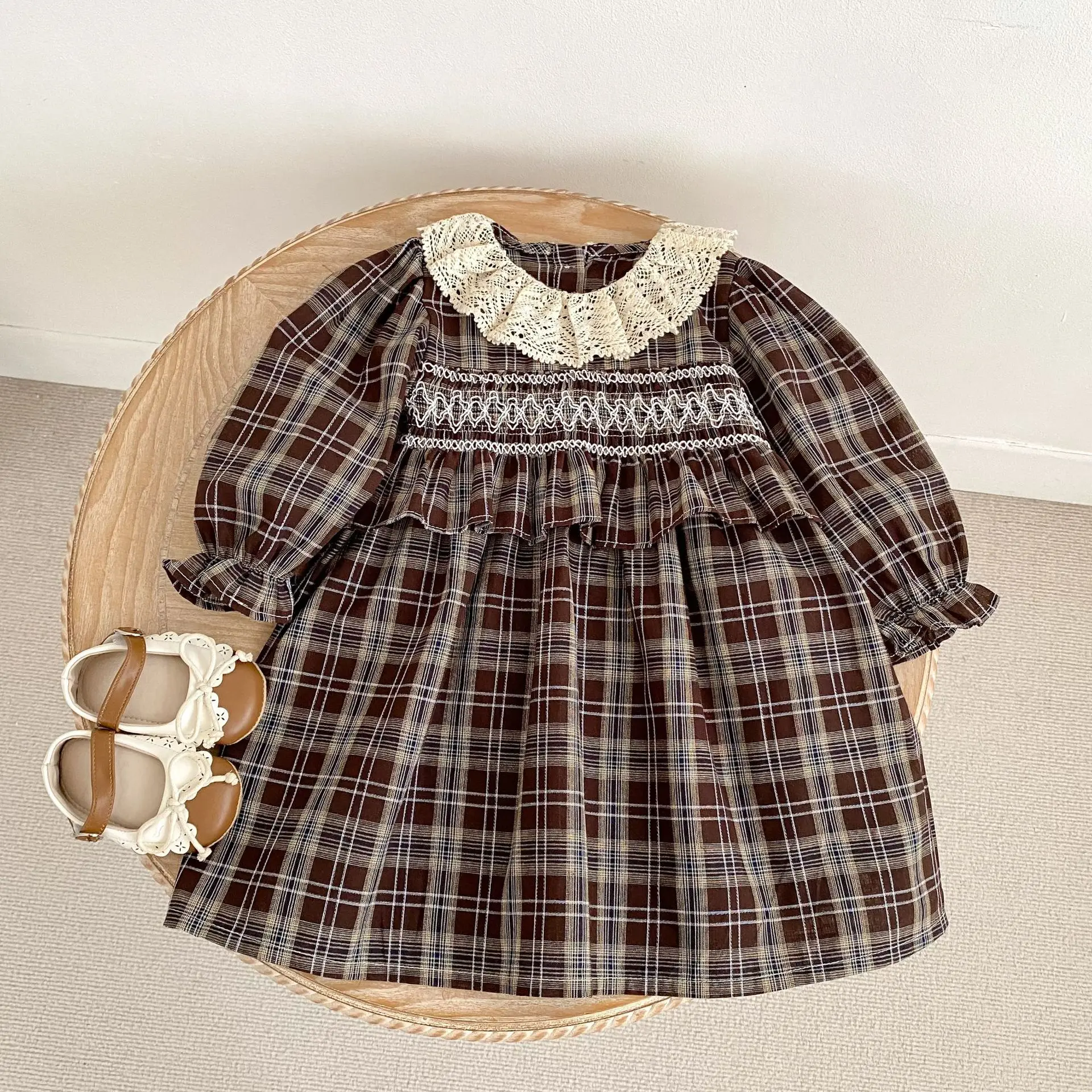 2026 Nordic Plaid Girls' Dress with Lace Trim, Bubble Long Sleeves, Smocked Bodice, and Matching Romper for Siblings