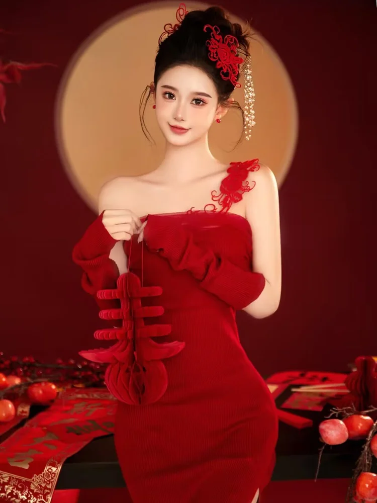 

Red Photography Costume for Girls Art Photo Studio Retro Theme New Year Style Chinese Traditional Clothing
