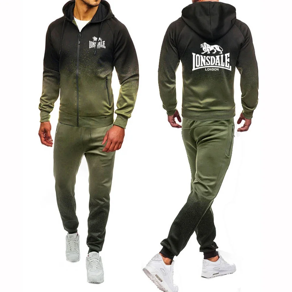 Lonsdale 2024 Spring Autumn New Style Printing Men Gradient Tracksuit Casual High Quality Cotton Hoodie Zipper Jacket+Pants Suit