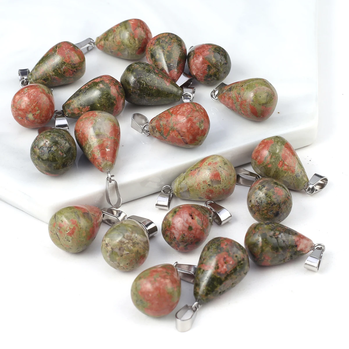 

15PCS Wholesale Natural Stone Unakite Water Droplet Shape Pendant Jewelry Making DIY Necklace Earrings Accessories