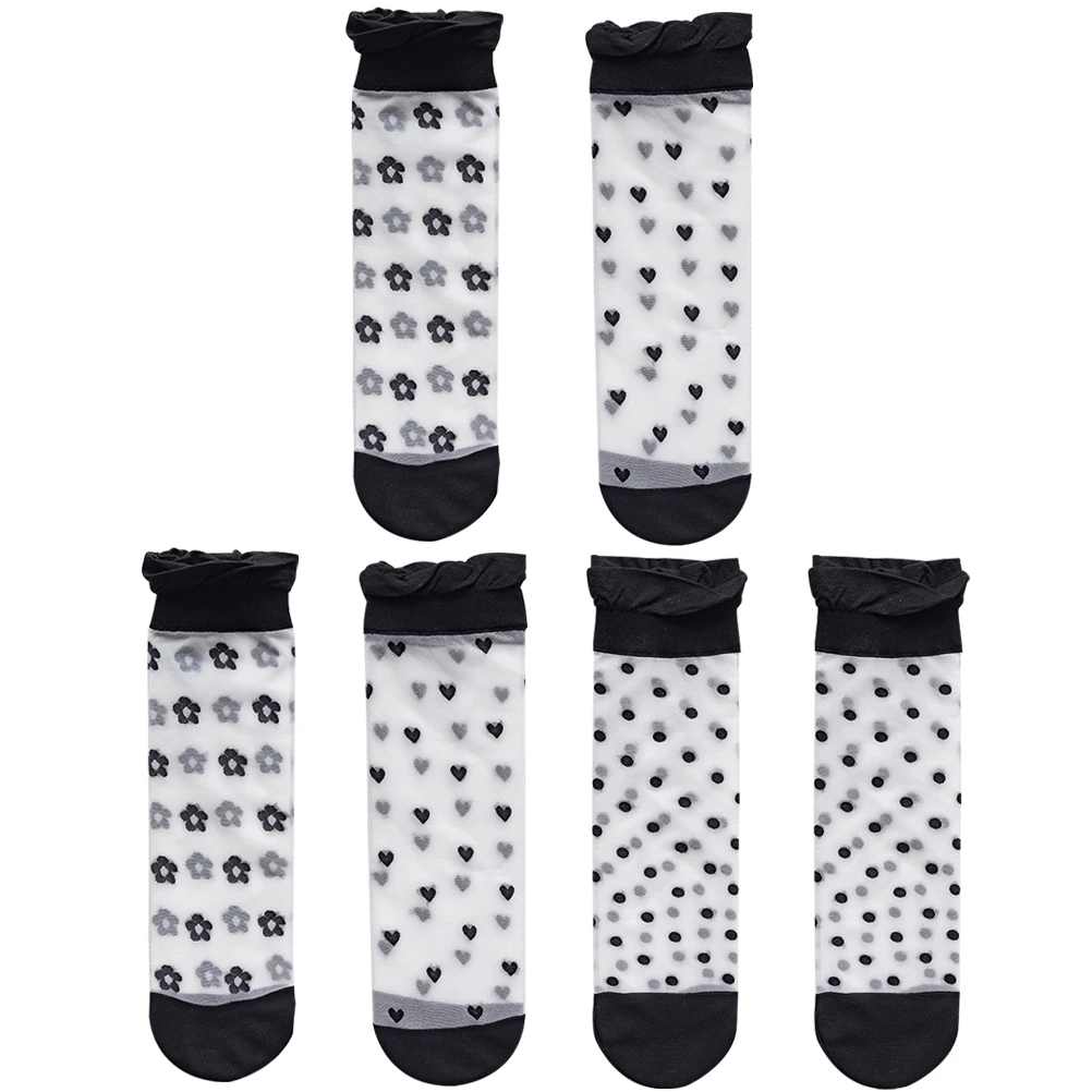 

3 Pairs Black White Mid-calf Socks Thin Sheer Transparent Lace Dot Heart Flower Women Summer Breathable Nylon Mesh Stockings