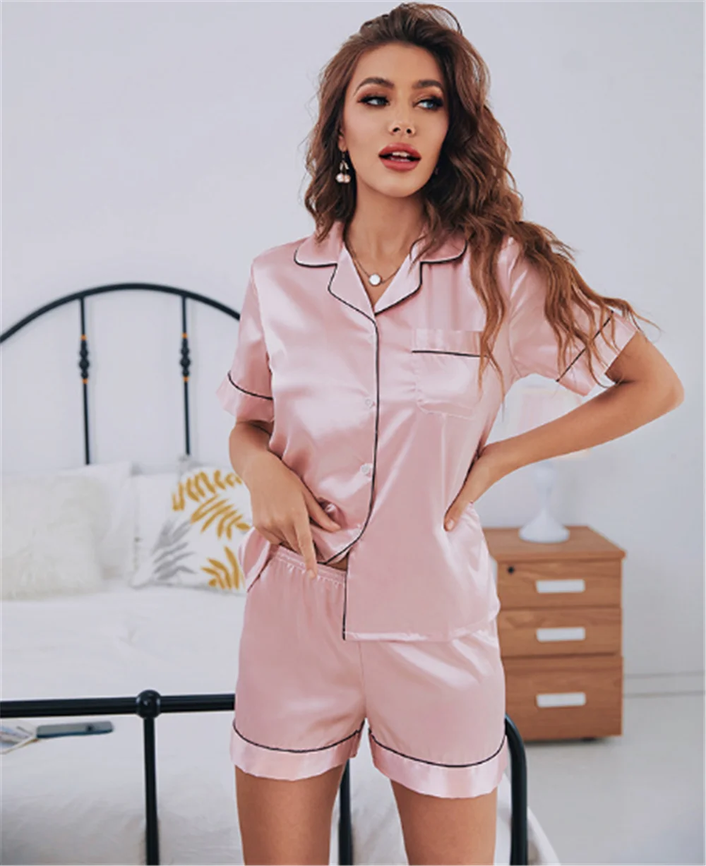 Womens Satin Silk Pajamas Suit,  Pjs Summer Short Sleeve Top Shorts , Ladies Pijama Sets Soft , Sexy Homewear Loungewear image 5