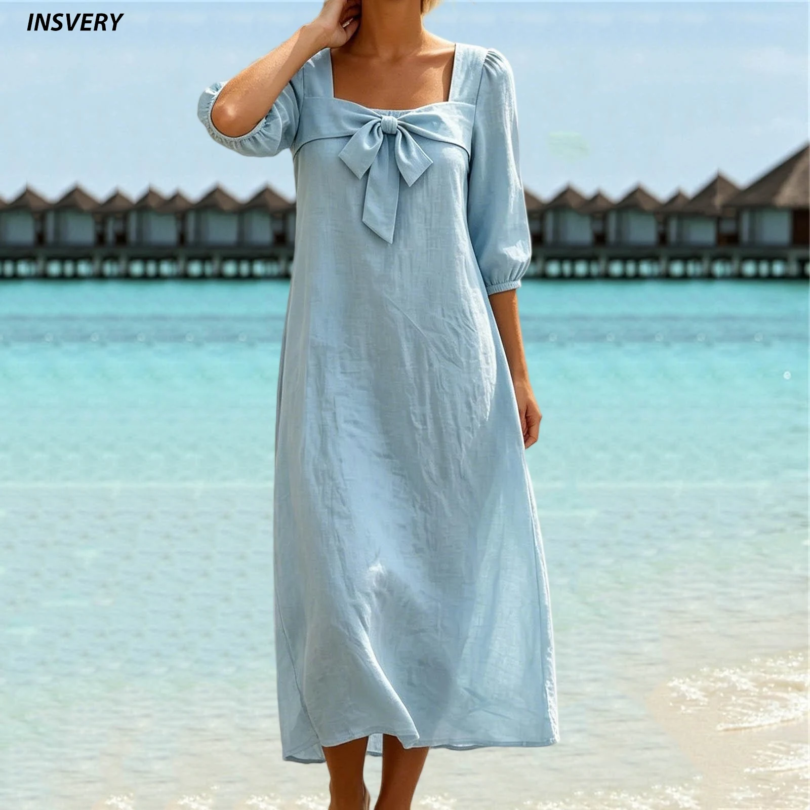 Summer Elegant Half Sleeve Square Neck Bow Design Beach Holiday Midi Dress Women Casual Loose Party Dresses Boho