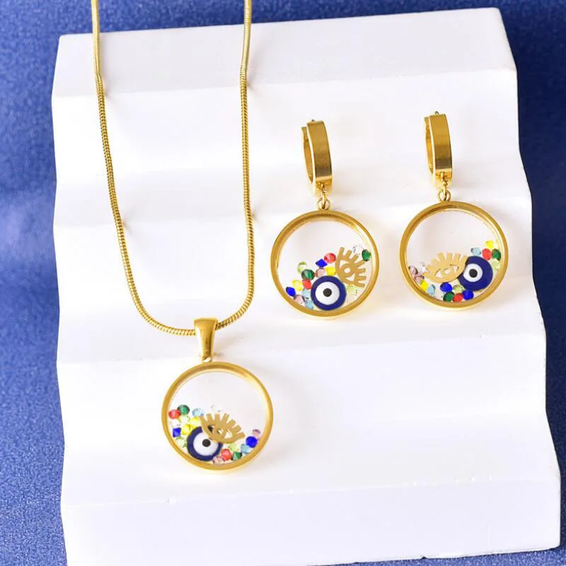 2024 Stainless Steel Round Drop Oil Eye Glass Pendant Necklace Earrings Jewelry Set for Women Girl Trend Party Wedding Gift