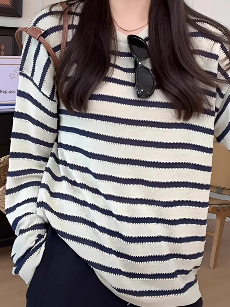 

Вязаный топ Ele из ледяного шелка с длинным рукавом, круглым вырезом, свободного кроя, с цветными полосками, женская модная одежда, осень 2025