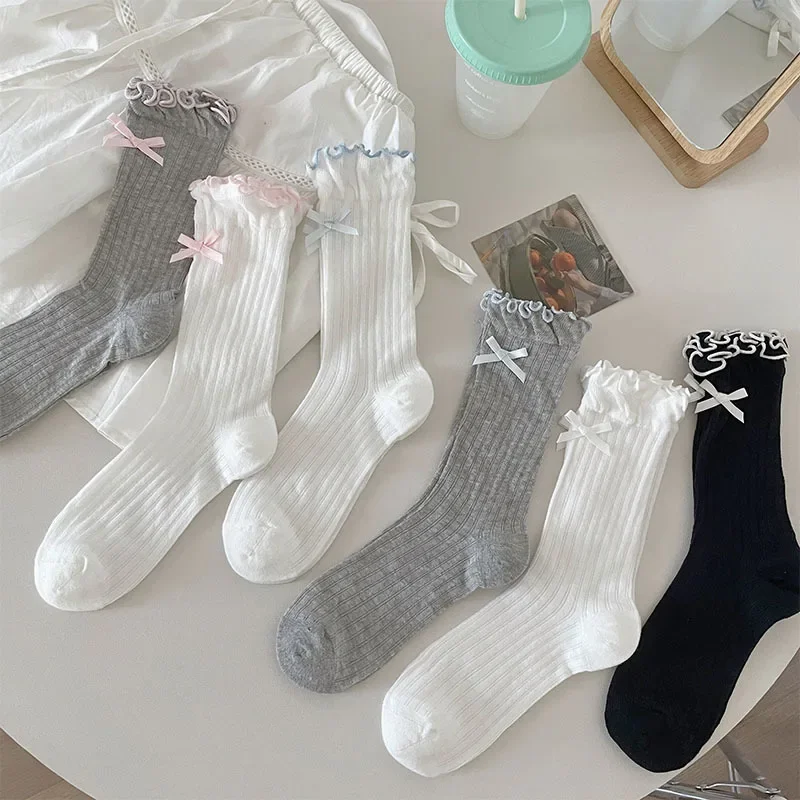 Ballet Style Cute Bowknot Ruffle Edge Pile Socks Women Korean Lolita Middle Tube Socks Thin Breathable Mesh Crew Socks Y2K Sweet