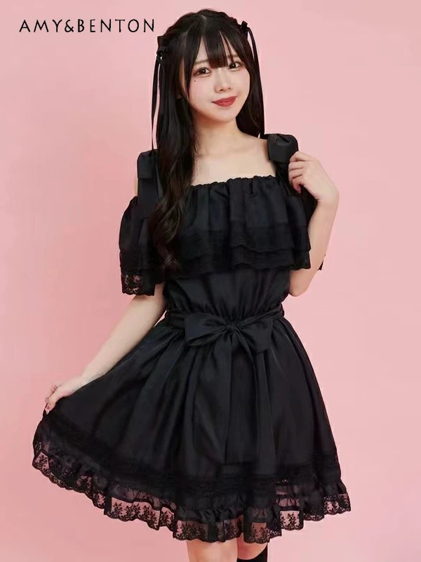 

Japanese SC Sweet Bow Off Shoulder Lace Stitching Mini Dress Women Summer Kawaii Mine Series Mass-Produced Kawaii A-line Dress