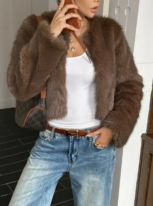 Herfst- en wintermode Luxe effen kleur korte bontjas voor dames, slim fit temperament, high-end gevoel korte bontjas