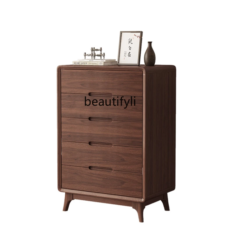 Black walnut chest of drawers, simple modern bedroom, all solid wood four chest of drawers, bedside storage locker