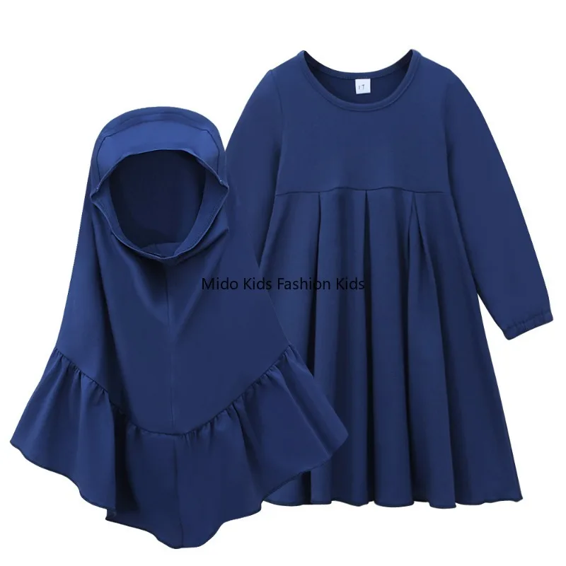 Girls spring autumn models long-sleeved  long dress + solid colour head scarf two-piece children's clothing ins