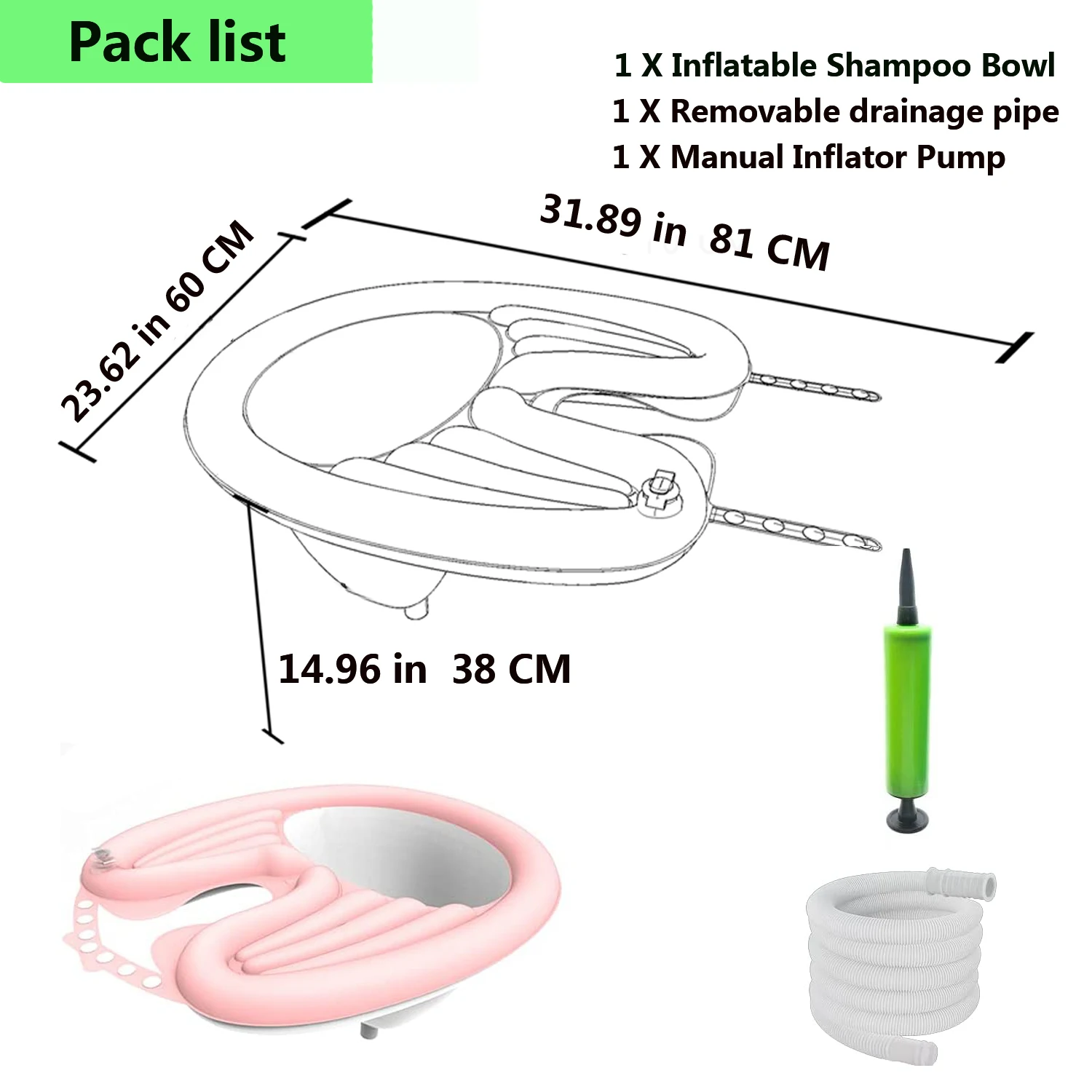 Almohadilla de champú portátil, lavabo inflable de PVC con tubo para inflar y desinflar el cabello, lavamanos para mujeres embarazadas, ancianos y niños