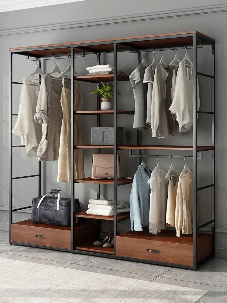 Walk-in simple wardrobe home bedroom wrought iron rack metal cloakroom loft open coat rack