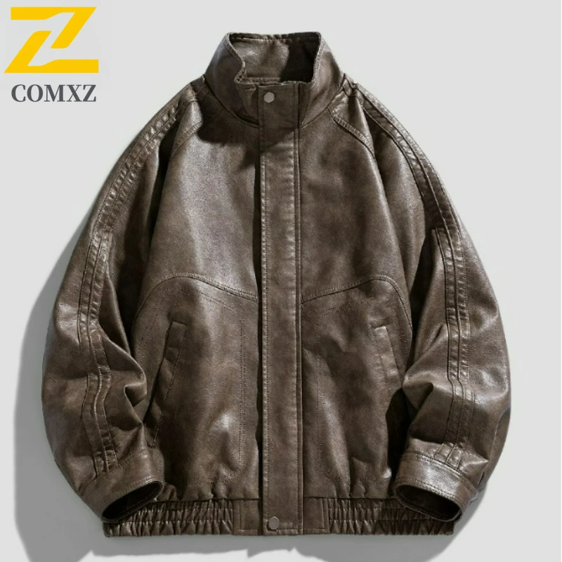 COMXZ Mens PU Leather Jacket 2025 New Premium Hiking Travel Windproof Coat Fashion Classic Stand Collar Comfort Leather Coats