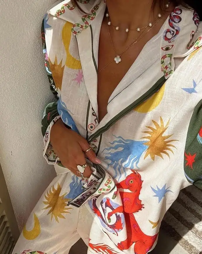 

2025 Bohemian Style Printed Collared Button Up Shirt and High Waisted Wide Leg Pants Set for Autumn Women's Casual Loose Suit