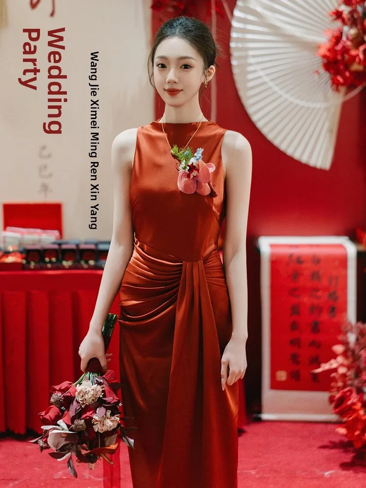 

Красное атласное свадебное платье, новая версия 2026 года, роскошное, для помолвки, корейский стиль, приталенное, длинное вечернее платье