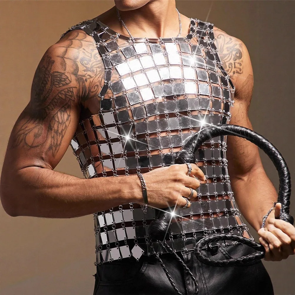 

2025 New Men's Acrylic Mirror-Finish Vest Sexy Sheer Top Nightclub Stage Performance Wear Rave Party Form-Fitting Crop Mesh Vest