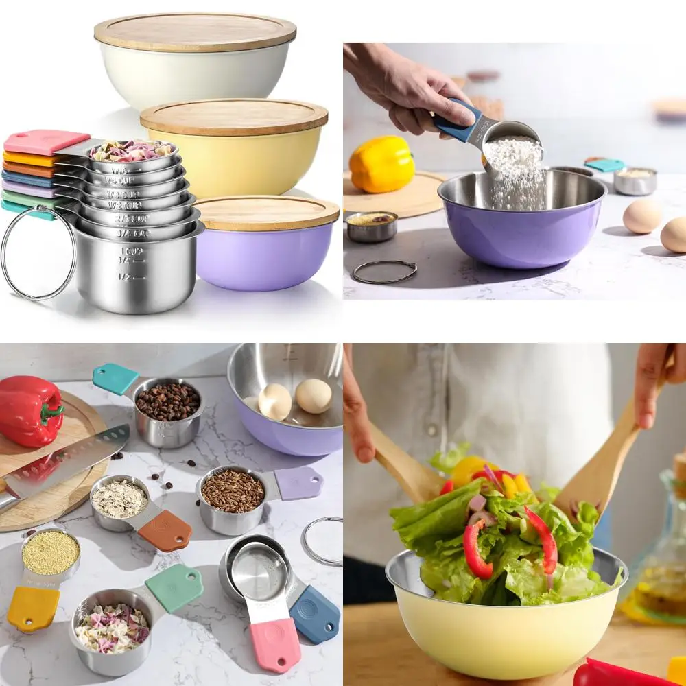 

7-Piece Stainless Steel Magnetic Measuring Cups and 3 Wooden-Lid Mixing Bowls Set for Kitchen Cooking and Baking