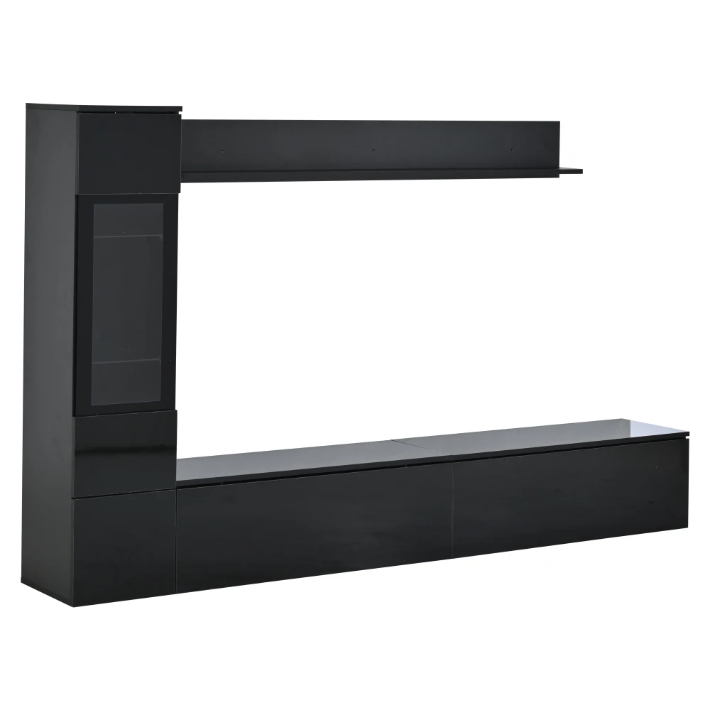 3-teiliges TV-Wohnzimmer-Wandset mit LED-Beleuchtung, Hochglanz-Möbelset, TV-Schrank, Vitrine und Hängeregal, für Fernseher bis zu 80 Zoll – Detail 25
