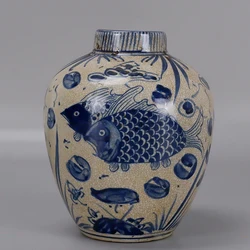 Yuan Blue And White Hand-painted Fish Bath Pattern Lotus Seed Jar Antique Porcelain Retro Ornaments