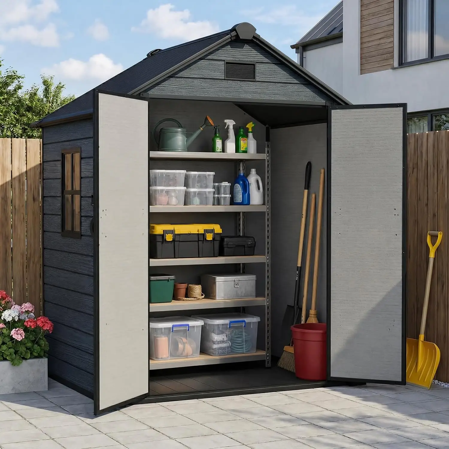 Outdoor Storage Shed 6x4.4 FT, 16mm Resin Shed with Floor for Backyard Garden, Waterproof Lockable House with Window Customized