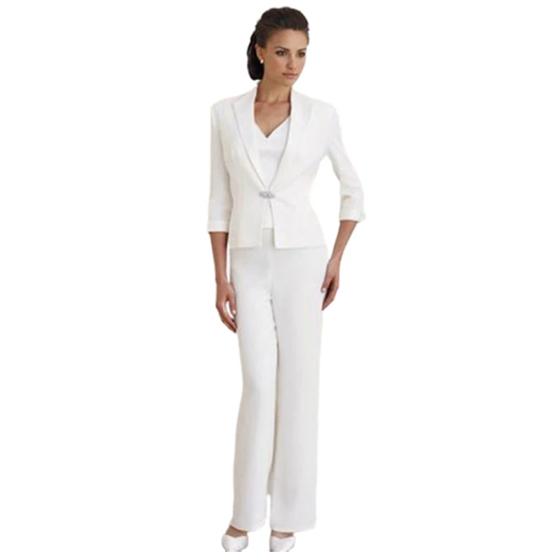 

Sophisticated 2-Piece White Pantsuit Set Mother of the Bride/Groom Tailored Jacket Wide-Leg Trousers for Upscale Events Weddings