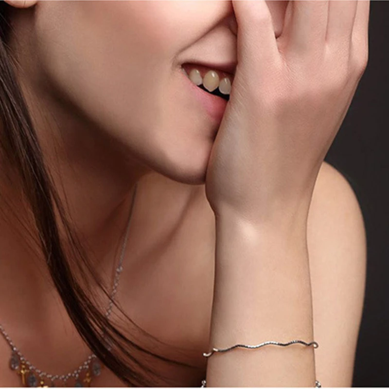 Italian 925 Sterling Silver Rose Gold Plated Women\'s Bracelet Soft Sparkling Three Color Plain Wave Chain Bracelets Shinny