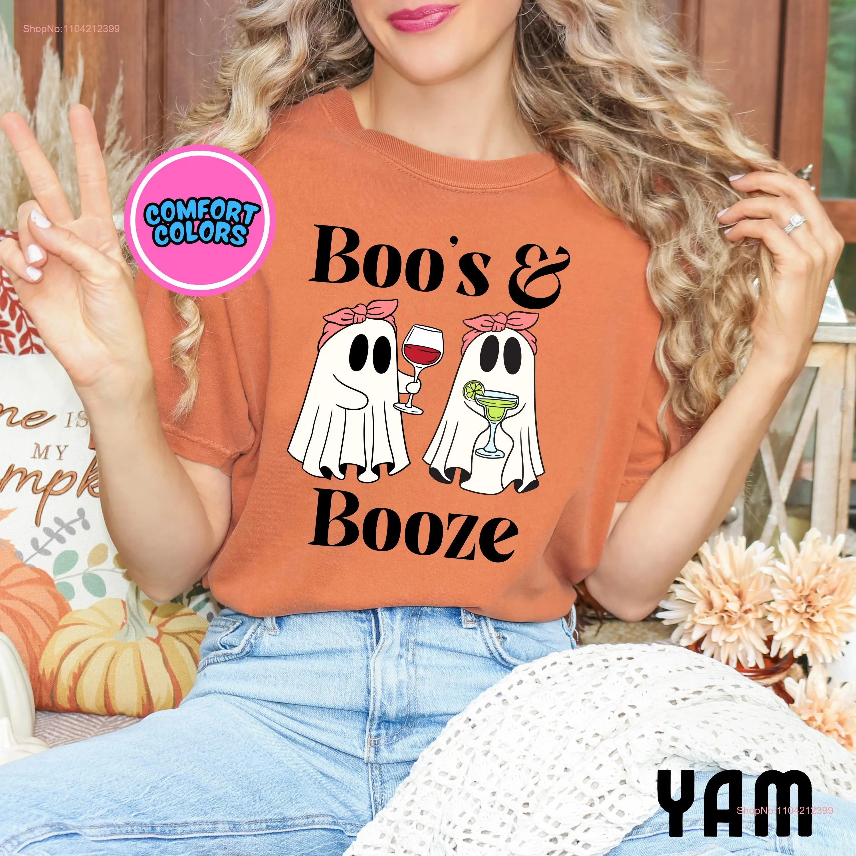 Boo's and Booze Garment Dyed T shirt Halloween GhosT Party Clothing Costume long or short sleeves