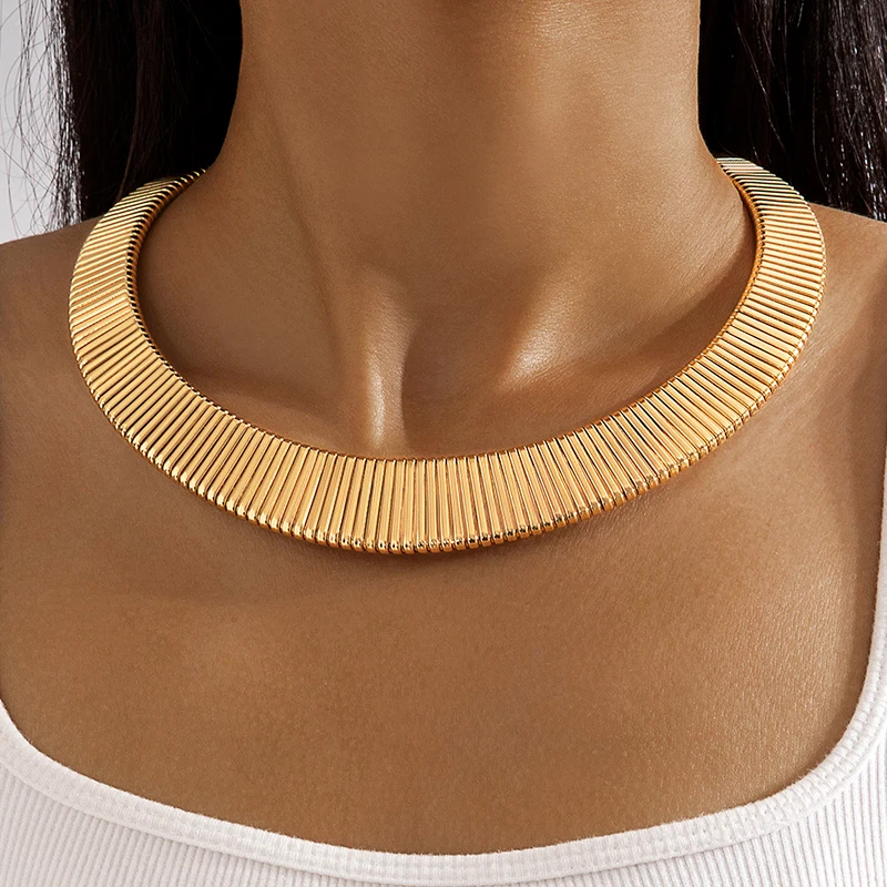 Docona Vintage Exaggerated Gold Silver Colour Chunky Choker for Women Striped Collar Necklace with Adjustable Chain Jewelry