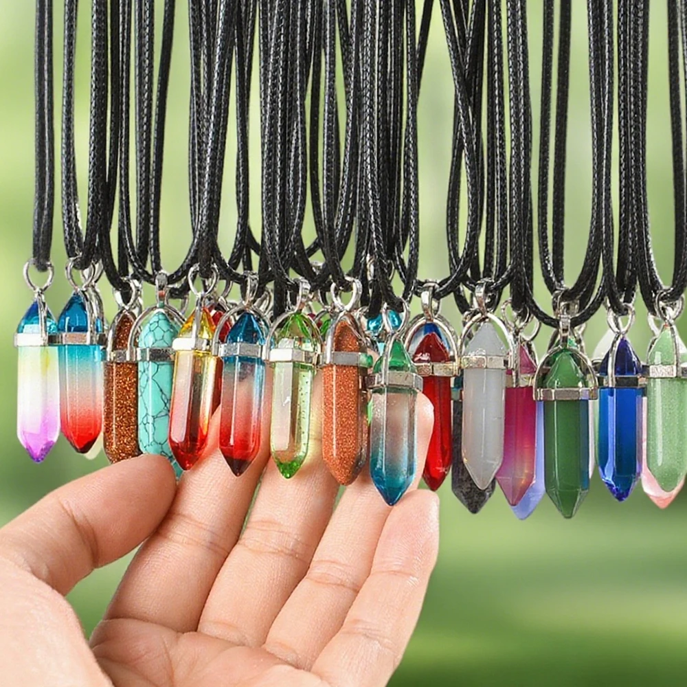 10pcs Hexagonal Pillar Natural Stone Necklace Pendant Gemstone Pendant Fashion Jewelry Women's Natural Stone Necklace
