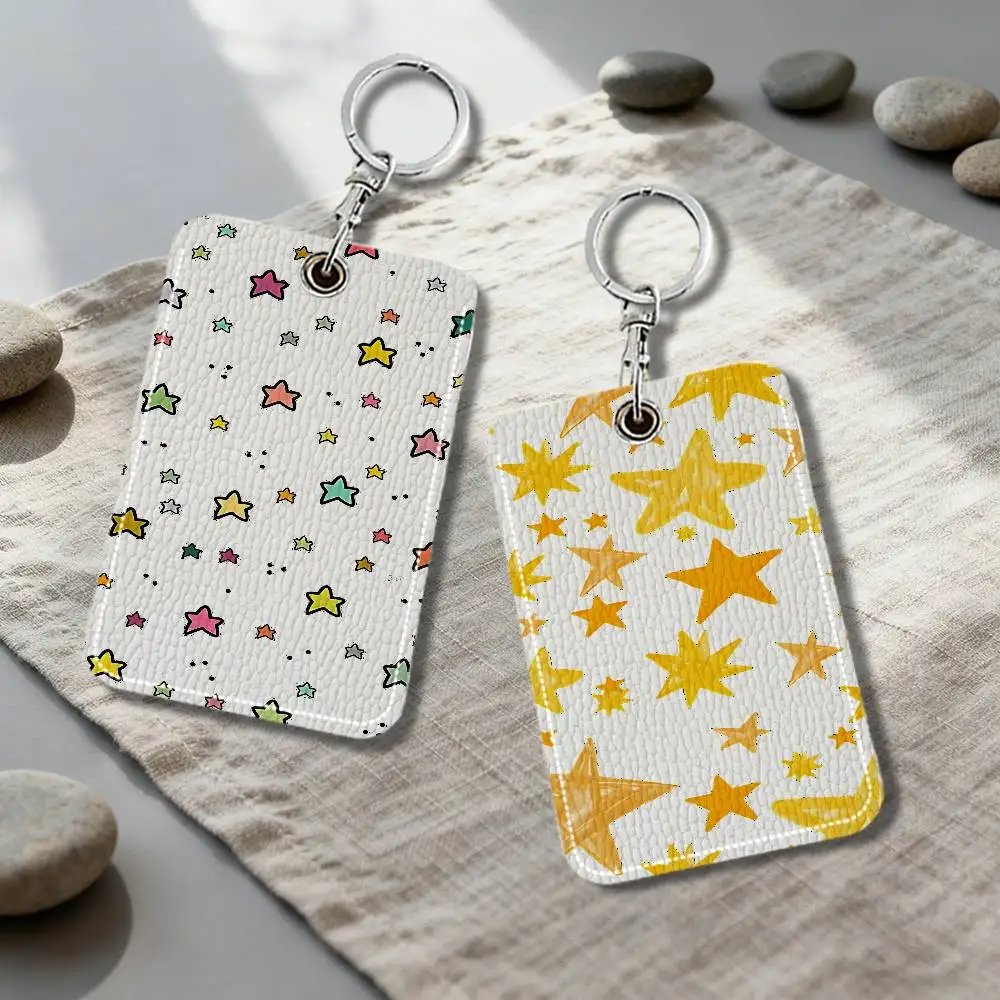 Cute Colorful Star Keyring Leather Access Card Holder Keychain Community Proximity Card Protective Case