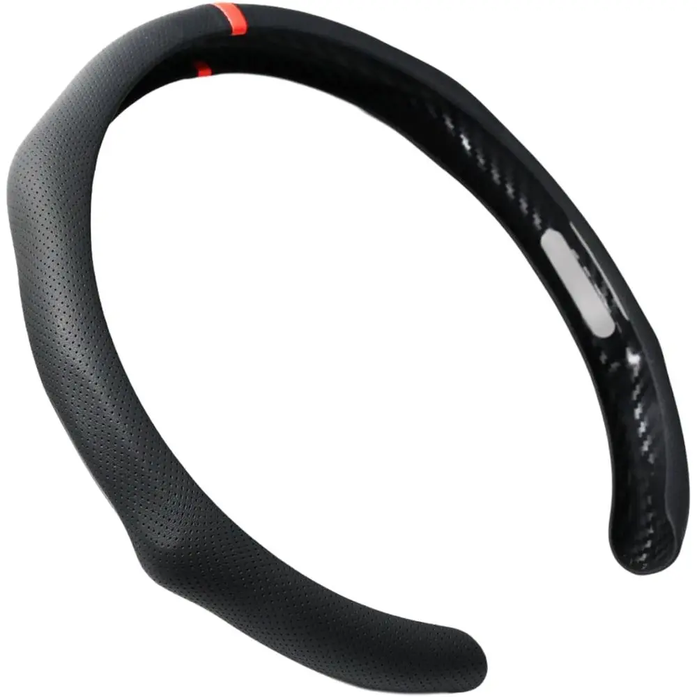 

Perotated Nappa Leather Steering Wheel Cover with Red Circular Stripe Trim for Cars, Pickups, SUVs 14.5 to 15 inches