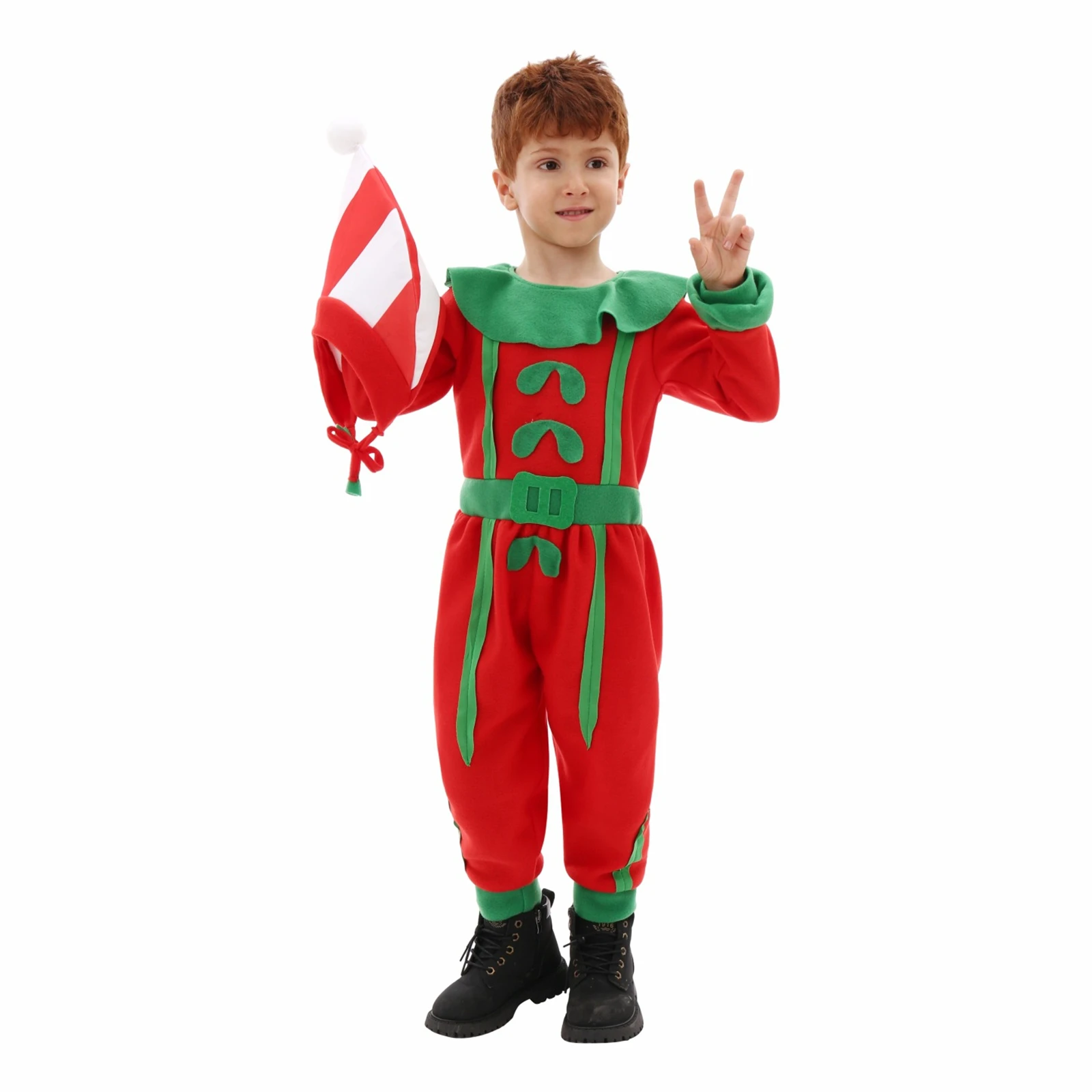 Christmas Santa Elf Costume Kids Green Elf Santa Claus Cosplay With Santa Hat Christmas Party Performance Boys Elf Jumpsuit