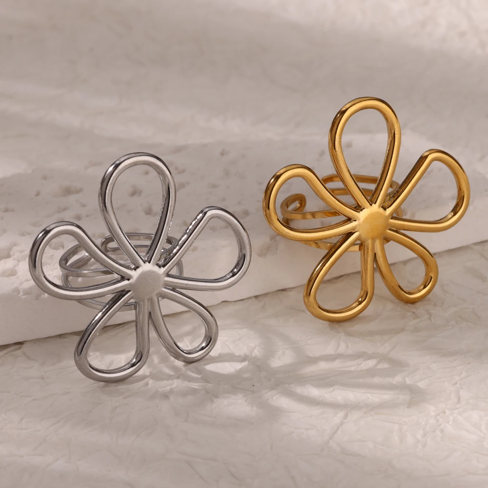 Hollow Flowers Double Layer Rings for Women Stainless Steel Gold Color Open Adjustable Ring Aesthetic Wedding Waterproof Jewelry